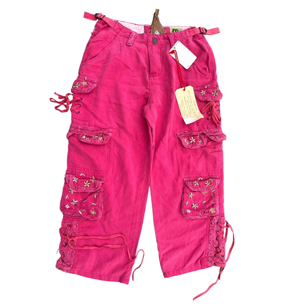 Da-Nang Surplus Vintage Girls Capri Cargo Pants Fuschia Pink Embroidered XS NWT - Picture 2 of 10